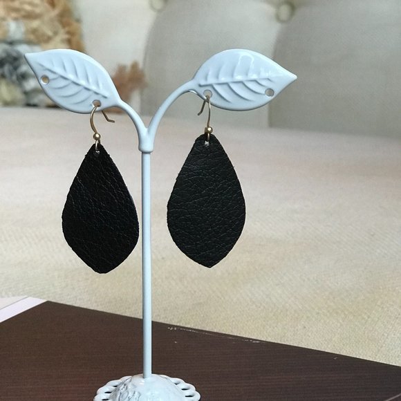 Hand Crafted Jewelry - Handmade •  Black leather teardrop dangle earrings